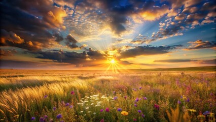 Obraz premium Golden Hour Meadow Serene Sunset over Wildflowers and Grass