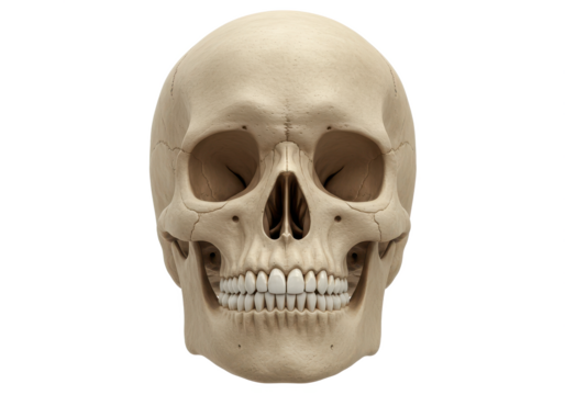 Realistic human skull with detailed features isolated on white background