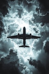Fototapeta premium An airplane soars through dark, swirling clouds, illuminated by a faint light above, capturing the essence of travel during turbulent weather
