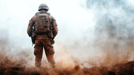 A soldier stands strong amidst smoke and fog, embodying resilience and determination in the face of adversity, showcasing the harsh realities of military duty.
