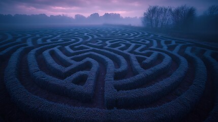Mysterious twilight illuminates sprawling maze design. AI Generated