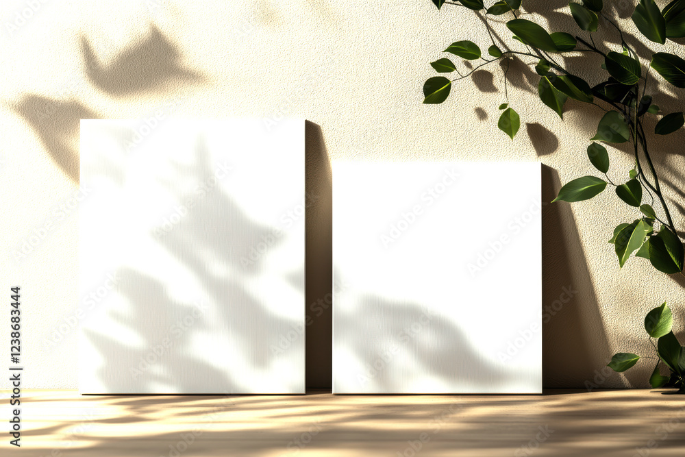 Poster two blank canvases lean against a textured wall, adorned with soft shadows and a touch of greenery, 
