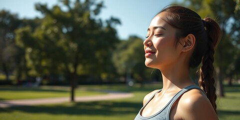 Young woman in workout attire basking in the summer sunlight with closed eyes, radiating happiness and tranquility in a park, captured in ultra-realistic 4K close-up, tranquility, happiness