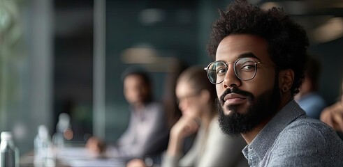 Obraz premium Networking event concept. Confident man in glasses engaging in a business meeting with focused colleagues.