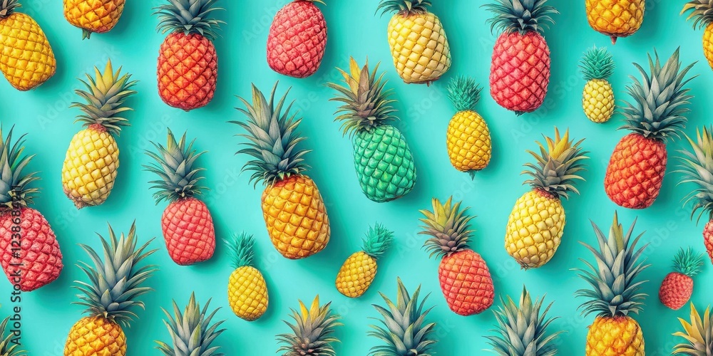 Poster vibrant tropical fruit pattern featuring colorful pineapples arranged on a teal background