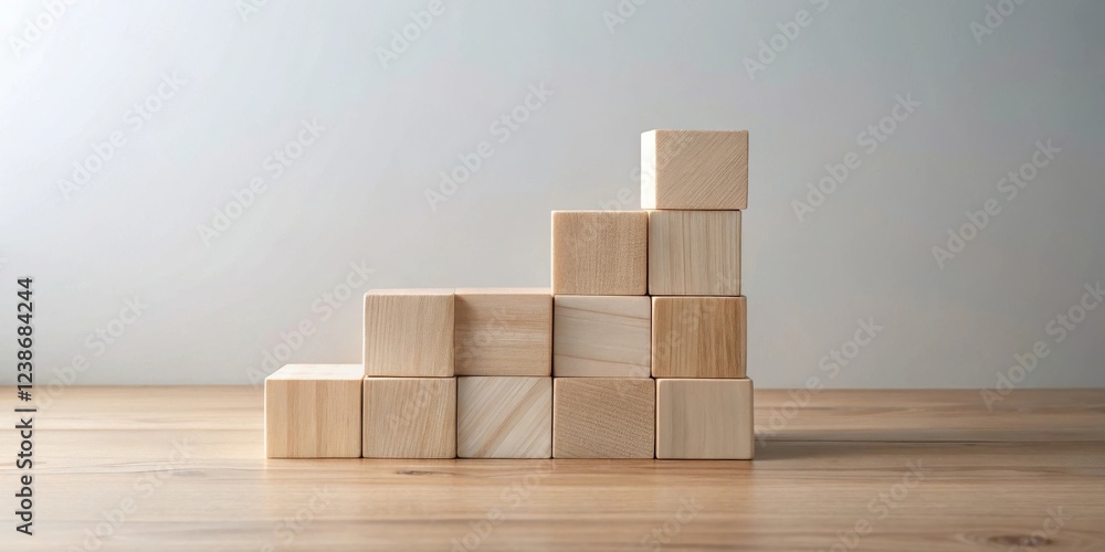 Poster Wooden blocks arranged in ascending order on a table against a neutral background, symbolizing growth and progress