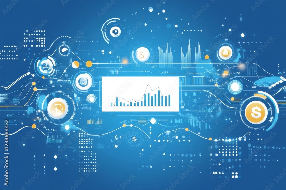 Poster global financial data visualization: abstract network of charts, graphs, and currency symbols repres