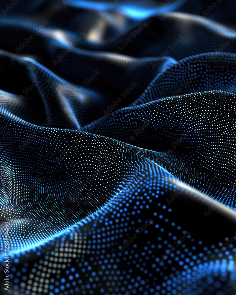 Poster a mesmerizing close-up of fabric showcasing a rich blend of blue tones and intricate dot patterns, c