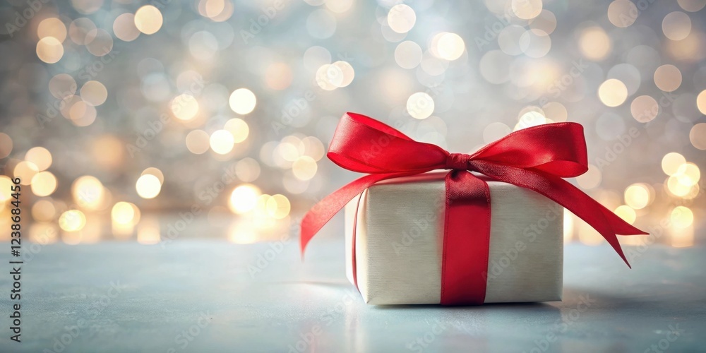 Poster a single elegantly wrapped gift box with a vibrant red ribbon against a shimmering, bokeh background