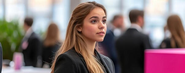 Networking event concept. A young professional woman in a modern office environment, deep in thought.