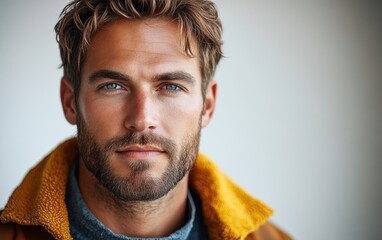 Fototapeta premium A man with a beard and blue eyes is wearing a yellow jacket
