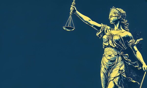 Lady Justice statue, scales aloft, dark background, legal concept, website banner