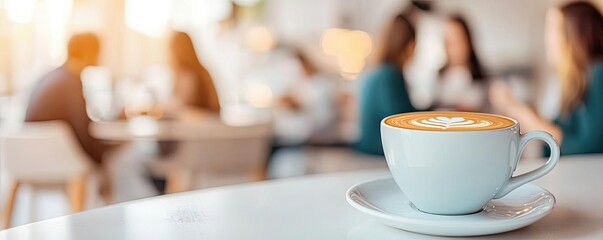 Networking event concept. A cozy coffee cup sits on a table in a vibrant cafe atmosphere.