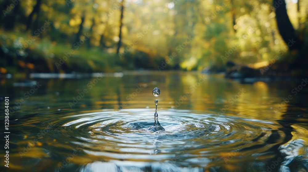 Poster a single water drop falls into a calm stream in a peaceful forest, causing ripples to spread across 