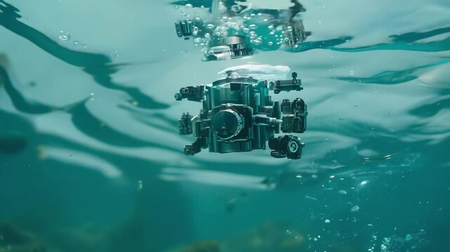 Complex microbots navigating underwater environments, showcasing advanced robotics and exploration