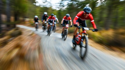 Fototapeta premium Mountain Bikers Racing Through a Forest Trail in Dynamic Motion