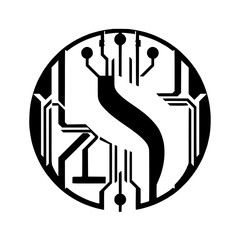 Abstract Technology Logo: Futuristic Circuit Design.  A modern, minimal geometric pattern with circular lines and shapes, symbolizing digital innovation and electronic networks.