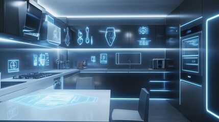 Futuristic eco home with geometric architecture, featuring energy-efficient appliances and glowing icons for smart kitchen and living room controls