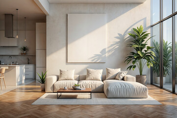 A 3D-rendered luxurious apartment with a modern interior design features a mockup poster frame on living room wall, showcasing a contemporary kitchen and dining room	
