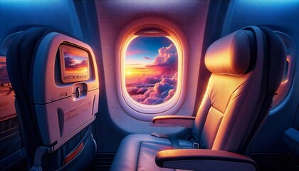 Obraz premium Window view in Airplane Cabin Interior.