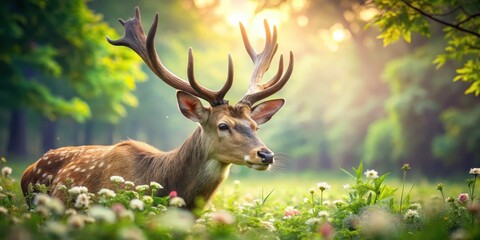 Majestic deer bends its head to nibble on tender shoots from a verdant grassland , petal, forest,  petal, forest, nature