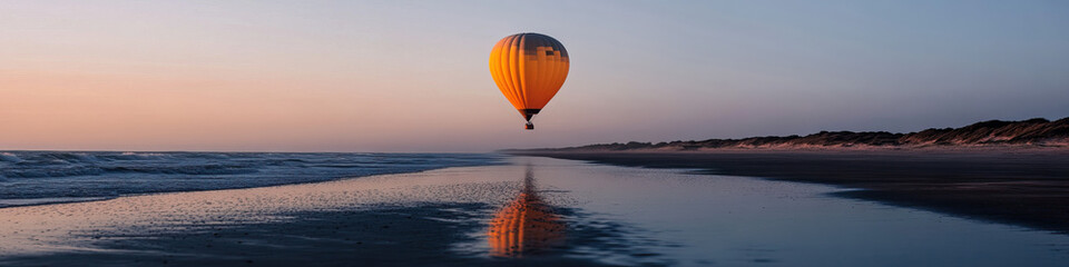 Obraz premium Hot Air Balloon over Coastal Beach at Sunset