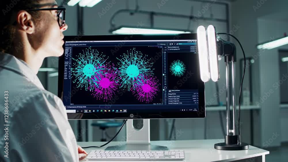 Poster scientist analyzes complex data patterns using advanced software in a modern laboratory environment