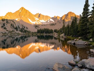 Obraz premium Mountain lake reflection at sunrise with rocky peaks and pine forest