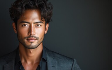Obraz premium A man with a beard and blue eyes is wearing a suit and looking at the camera