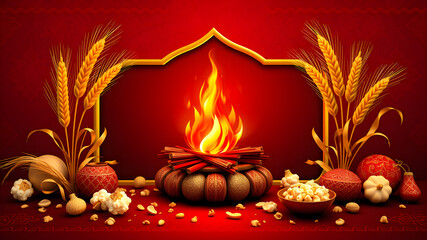 Metallic 3D image of a luxurious dark background with contemporary holiday design with a dark red background, featuring a polished golden-framed lohri bonfire in the center, Generative AI
