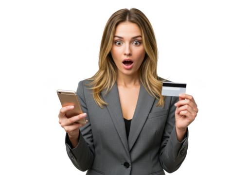 woman in a gray blazer holding a smartphone and credit card, expressing surprise, isolated on white background