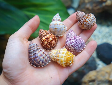 A Handful of Beautiful Sea Shells Displays Nature's Artistry and Color Variety