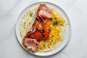 Delicious flatbread with prosciutto cheese and tomatoes
