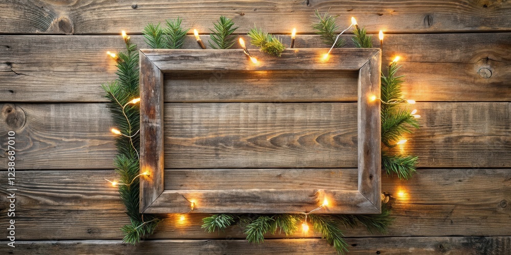Poster rustic wooden frame with evergreen boughs and warm string lights, ideal for holiday messages or anno