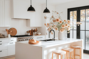 A kitchen with a white counter and black cabinets
