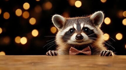 A cute raccoon wearing a polka-dotted bow tie poses playfully at a wooden table, set against a backdrop of sparkling bokeh lights that create a festive mood.