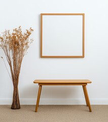 Blank Wooden Frame Mockup with Dried Flowers and Wooden Bench