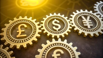Metallic Currency Symbols on Gears Representing Global Financial Systems and Trade Dynamics