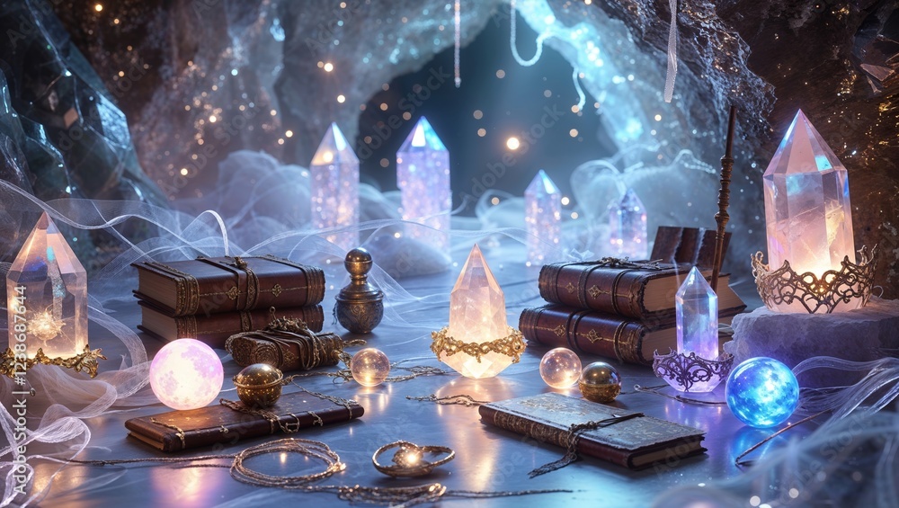 Poster crystals and ancient books illuminated in a mystical cave setting surrounded by ethereal light