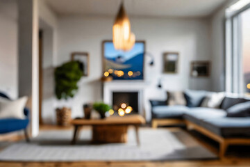 Blurred view of modern living room with sofa and soft bench. room interior with couch, armchair and coffee table or shelving units. stylish living room. comfortable workplace near big window.