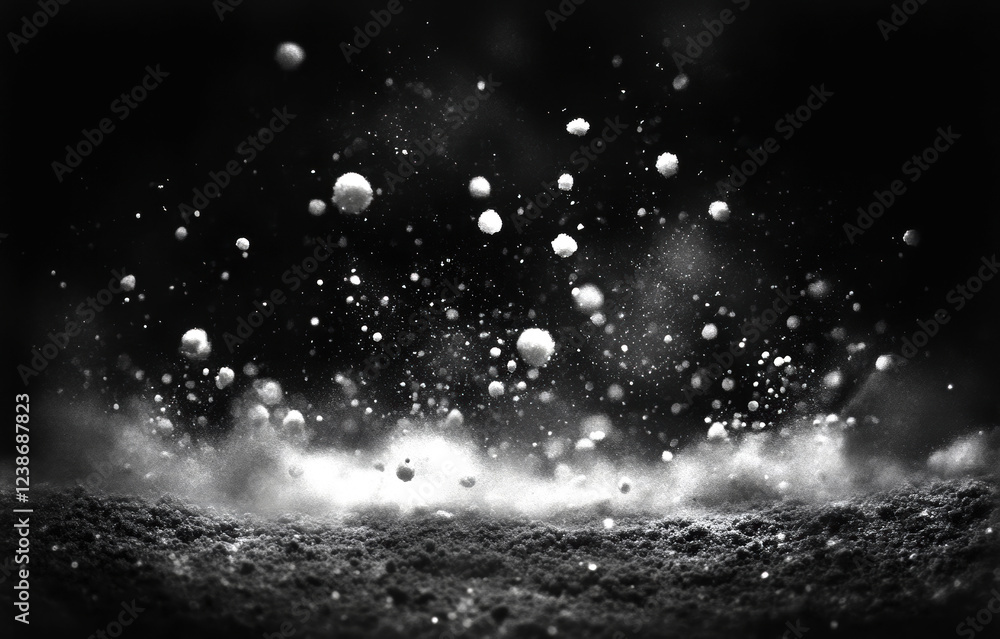 Poster this striking black-and-white image captures the mesmerizing movement of scattered dust particles, c