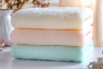 Elegant Bathroom Setting with Luxurious Green and White Towels Stacked Neatly on a Marble Countertop, Perfect for Spa Decor and Relaxation