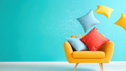 A vibrant yellow couch surrounded by flying pillows, creating a lively and playful atmosphere which draws attention to comfort and contemporary interior design.