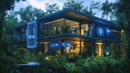 Futuristic smart house surrounded by lush greenery with smart glass windows, solar energy icons glowing on screens, and automated systems integrated into the design.