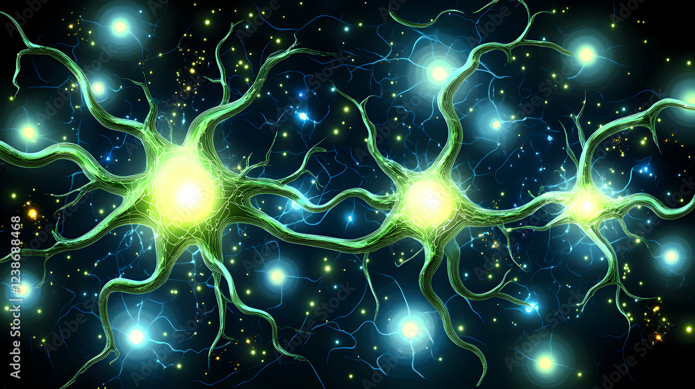 Poster microscopic view of interconnected neurons, vibrant green and glowing nodes against a dark backgroun