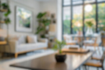 Blurred view of modern living room with sofa and soft bench. room interior with couch, armchair and coffee table or shelving units. stylish living room. comfortable workplace near big window.