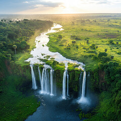 Aerial View of Majestic Waterfall Amidst Verdant Landscape at Sunrise