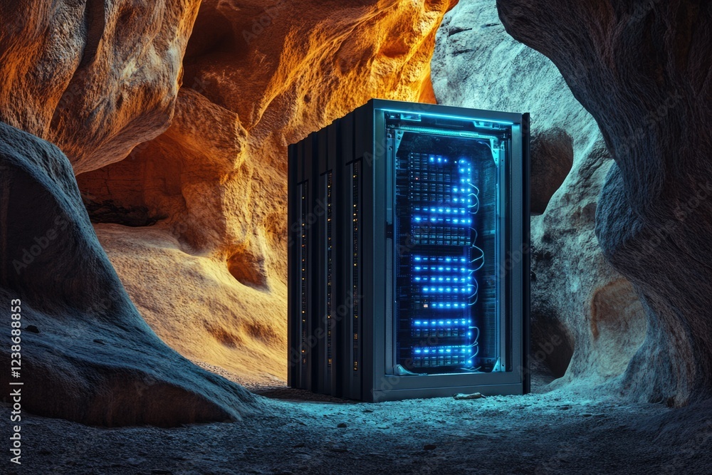 Aufkleber a futuristic server rack sits within a mysterious, illuminated cave, suggesting advanced data storag