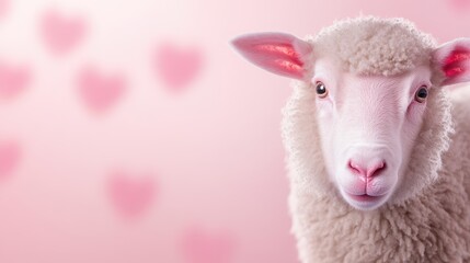 Obraz premium Surreal vision of a beautiful sheep with fluffy fur against a soft pink heart-themed background, capturing innocence and charm in a whimsical setting