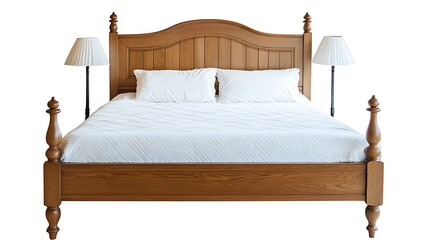 A close up of a bed with a wooden headboard on white background.